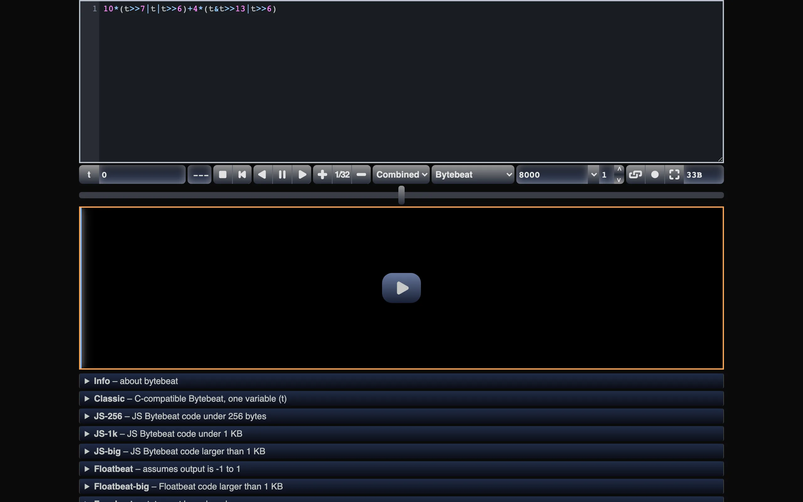 Bytebeat composer screenshot 1